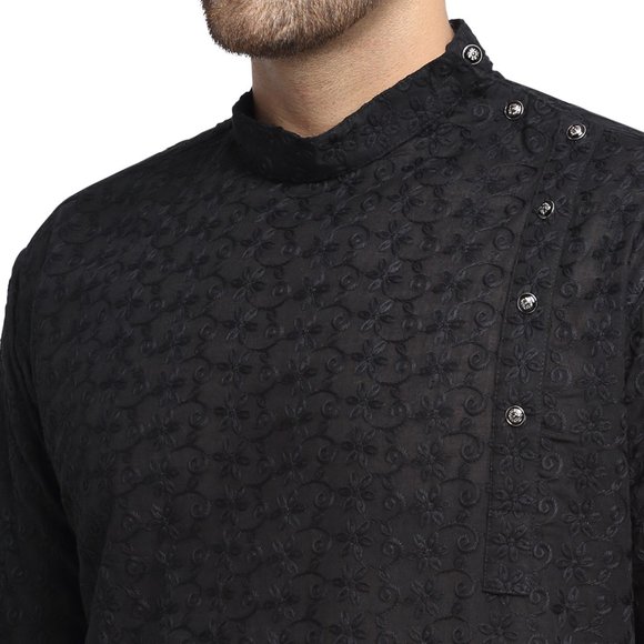 Designer Black Cotton Chikankari Lucknowi Jaal Embroidered Kurta for Men - Picture 4 of 5